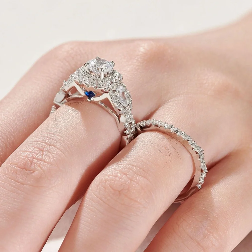 Silver Diamond Halo Engagement Ring Set Wedding - Picture 3 of 14